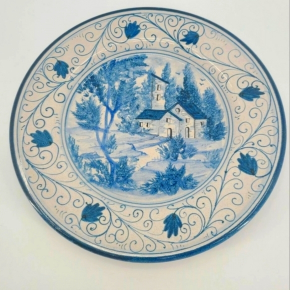 Italian Countryside Decorative Plate — Blue & Ivory —Global Views, Made in Italy - Picture 2 of 5
